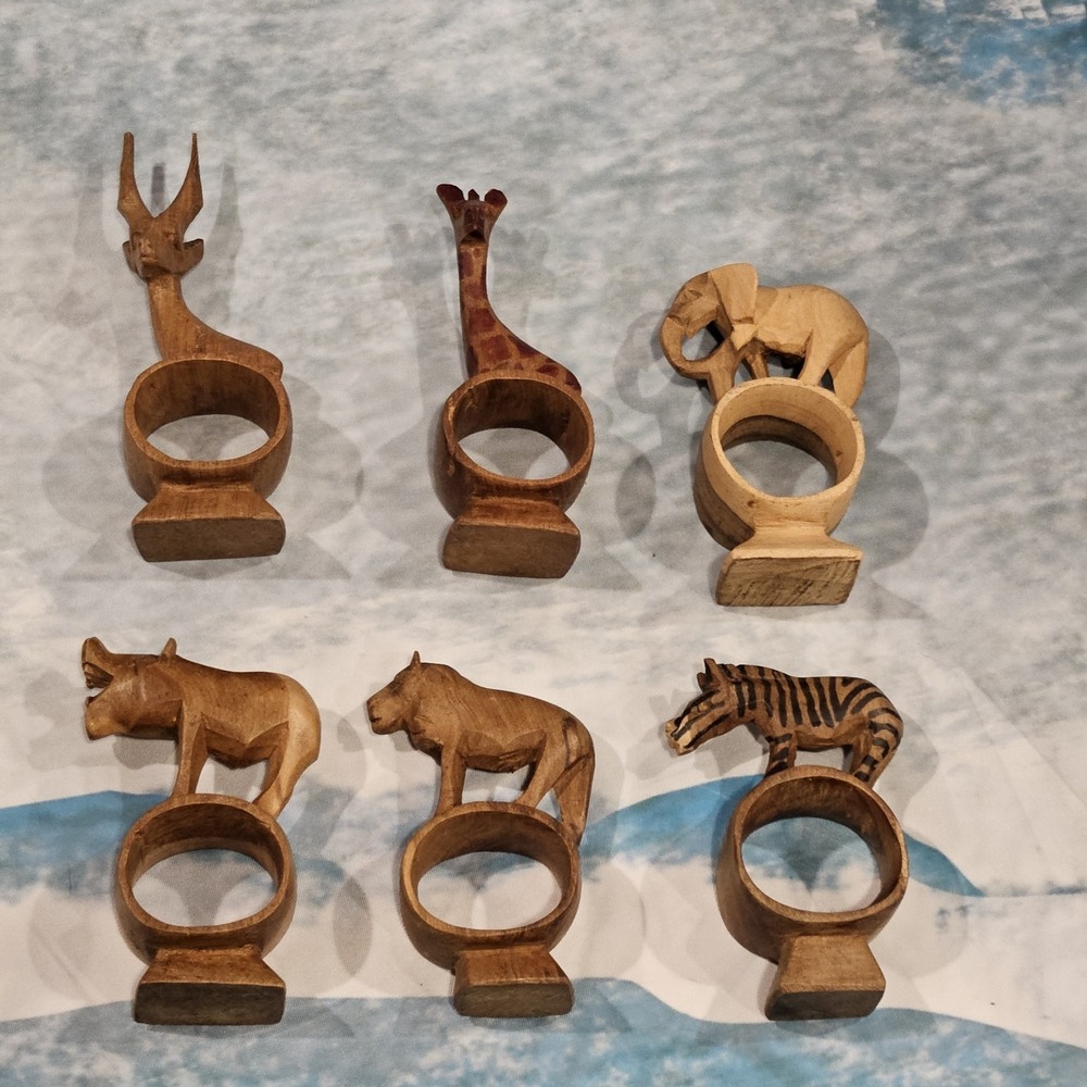 Set‎ of 6 Hand Carved African Wooden Napkin Rings Safari Animals Zebra Giraffe